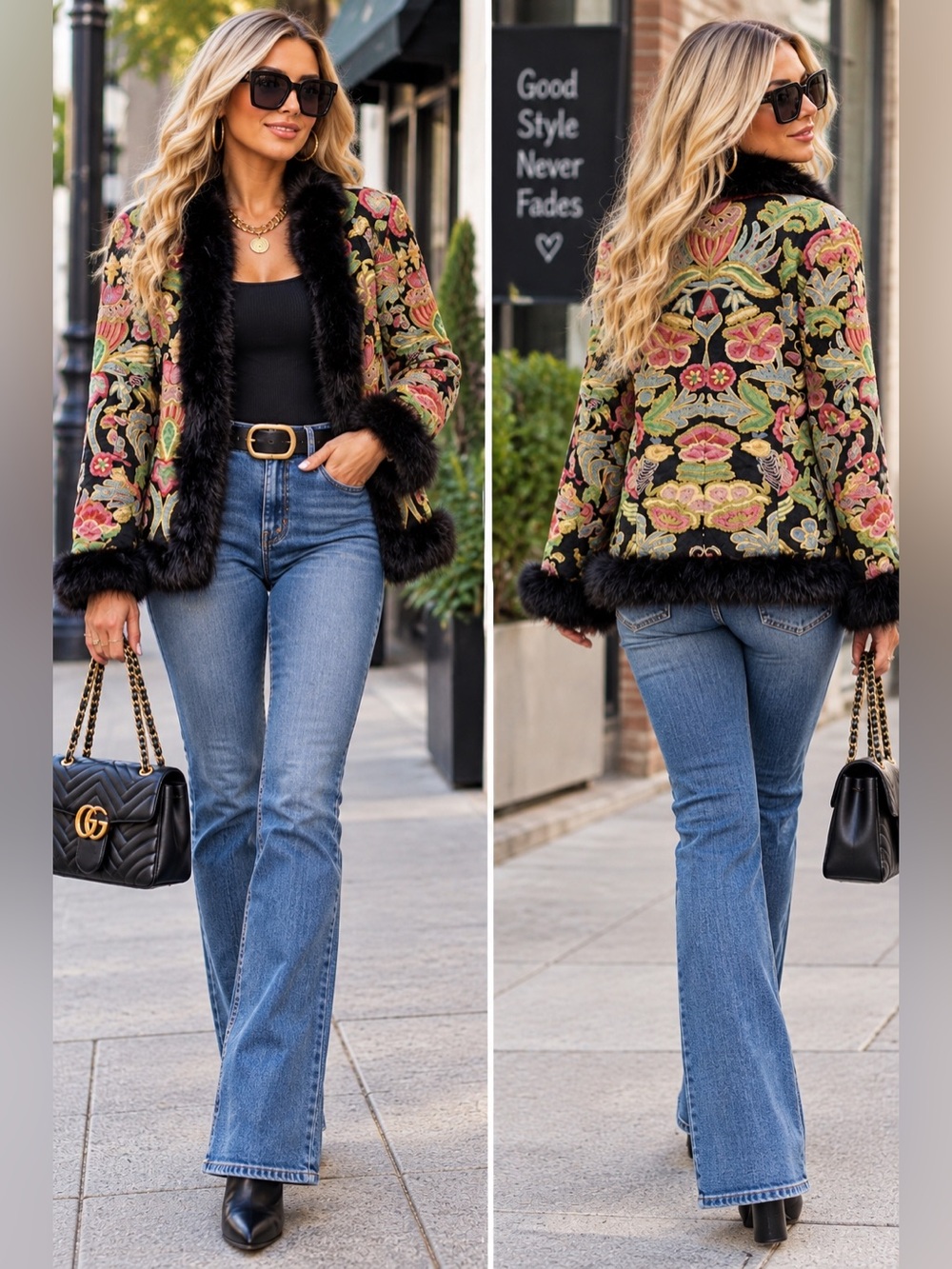Vintage 1970s Tapestry Jacket 100% Silk Jacket with Real Fur Collar Size S